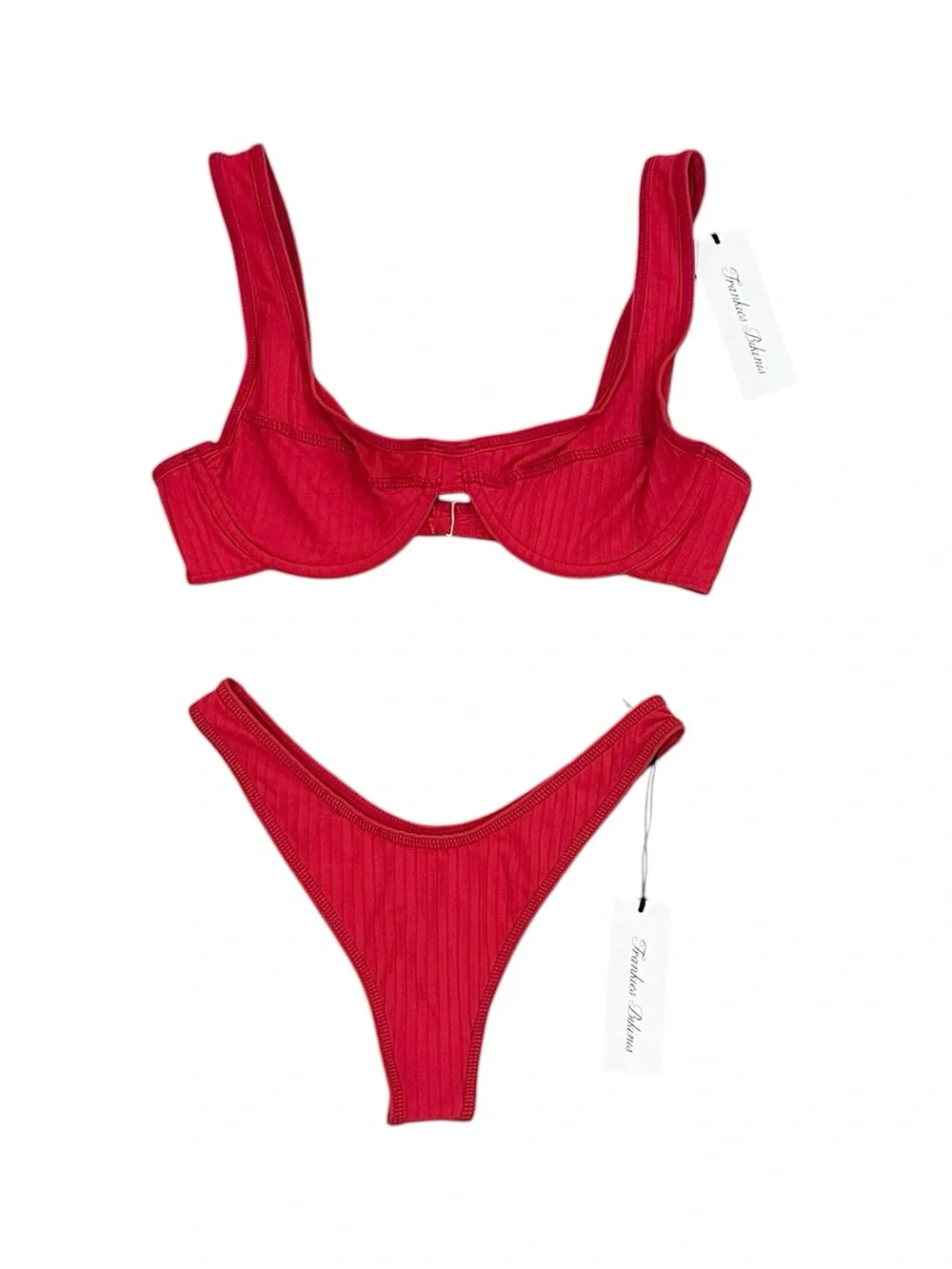 NWT FRANKIE’S BIKINIS Romeo Top & Full Moon Bottoms Bikini Set in Cherry